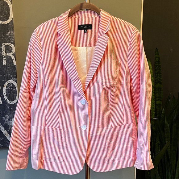 🥑 Talbots Sunshine Seersucker Blazer Orange White | 14 Petite | 100% Cotton - Picture 2 of 12